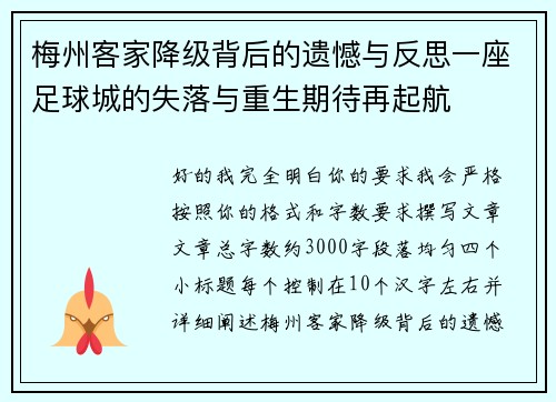 梅州客家降级背后的遗憾与反思一座足球城的失落与重生期待再起航