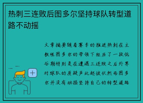 热刺三连败后图多尔坚持球队转型道路不动摇