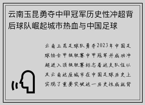 云南玉昆勇夺中甲冠军历史性冲超背后球队崛起城市热血与中国足球